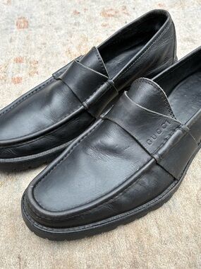 Gucci Mens Black Leather Loafers Sz 9D